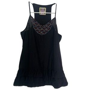 Free People Boho Sheer Tank Top Ruffle Bottom Stuffed Embroidered Neckline